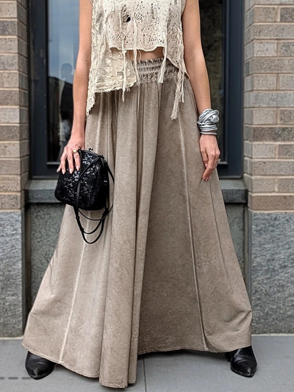 SERIENUMERICA Silk Maxi Skirt in Olive-Taupe
